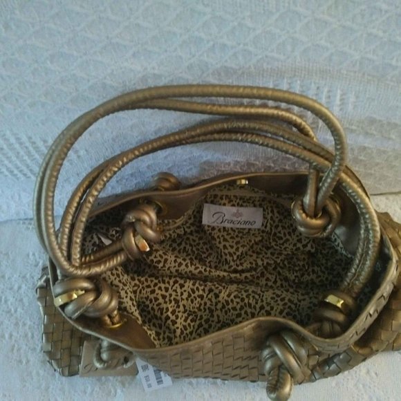 NEW Gold Woven Faux-Leather Handbag/Tote, Leopard Print Interior - Picture 2 of 6